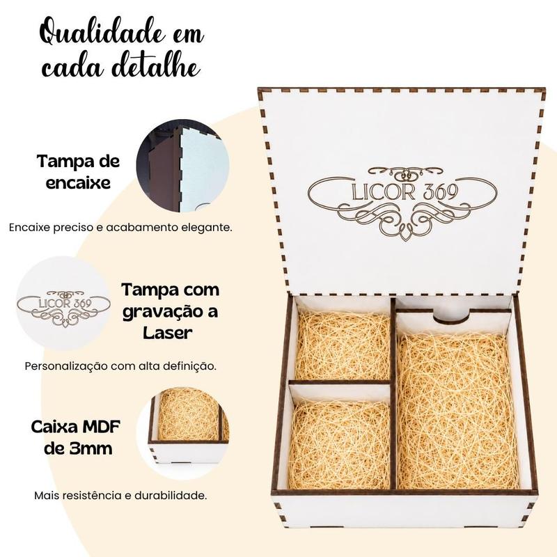 Kit Licor Whisky E Cappuccino + 2 Taças + Caixa Mdf Presenteavel